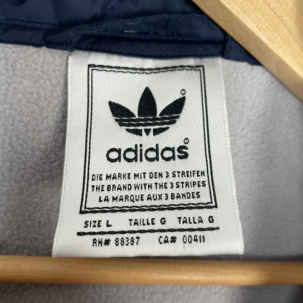 Adidas‎ Quilted Jacket Coach Navy Blue Men Large Snap Front Collar Boxy Fit Coat